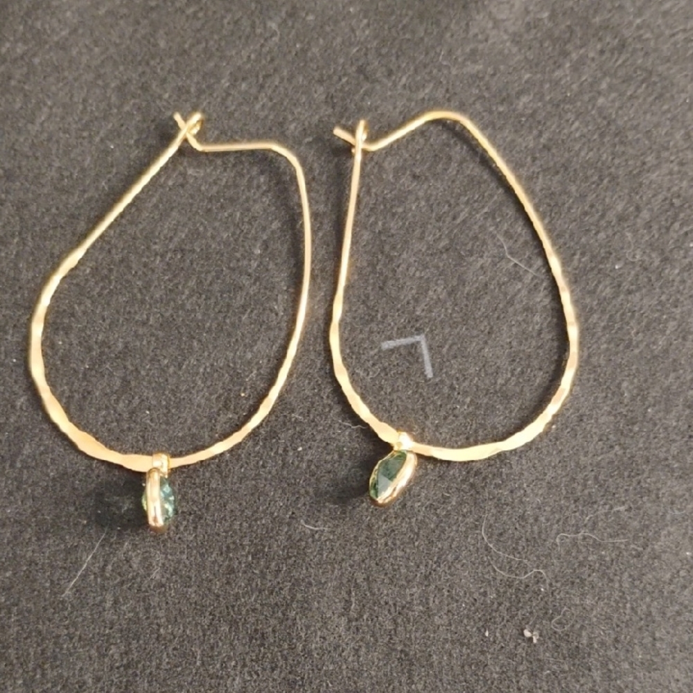 Gold Tone Elegant Wire Earrings With Green Stone Minimalist Earrings